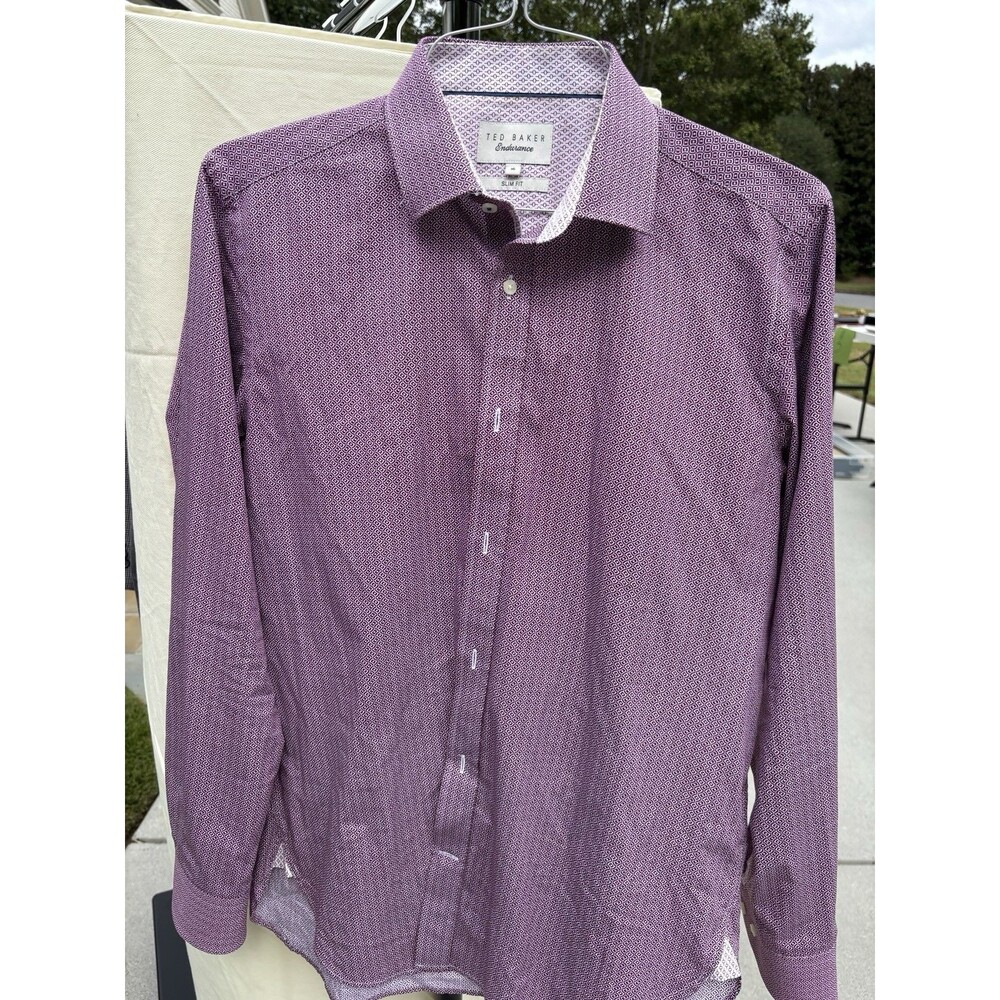 Ted Baker Slim Shirt Mens 16 Purple Maroon Endurance Casual Dress Long Sleeve